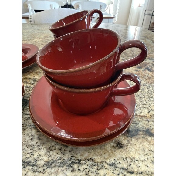 Vtg Modigliani Rosso Deruta Italian Pottery Red Cups & Saucers Set of 8 Italy - Picture 5 of 16